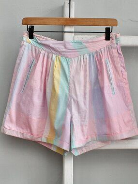 JukeBox VTG 80s Pink Multicolor Striped High-Waisted Cotton Shorts Size Small